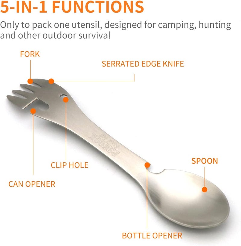 PSKOOK 5-in-1 Utility Tactical Spork, Stainless Steel Spoon & Bottle Opener, Fork & Knife, Can Opener Combo Camping Utensil for Hiking, Camping or Backpacking (Matte Silver) - Image 2