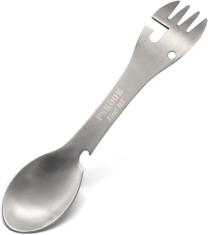 PSKOOK 5-in-1 Utility Tactical Spork, Stainless Steel Spoon & Bottle Opener, Fork & Knife, Can Opener Combo Camping Utensil for Hiking, Camping or Backpacking (Matte Silver) - Image 1