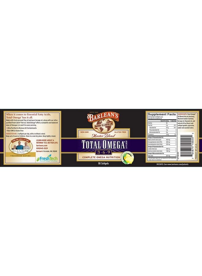 BARLEAN'S Total Omega 3 6 9 Softgels Blended Fish Oil Supplement With Borage And Flaxseed Oil 1000 Mg Omegas Ala Epa Dha And Gla For Joint Support Supplements And Heart Health 90 Count  - Image 3