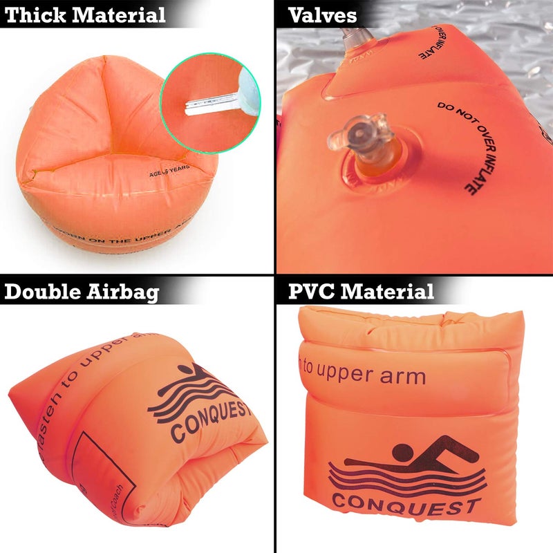 CONQUEST Swimming Arm Bands for Kids Adults | Arm Floats | Swim Wings | Swim Float Band | Floater Sleeves Swimming Rings (AR-2947-OR) - Image 3