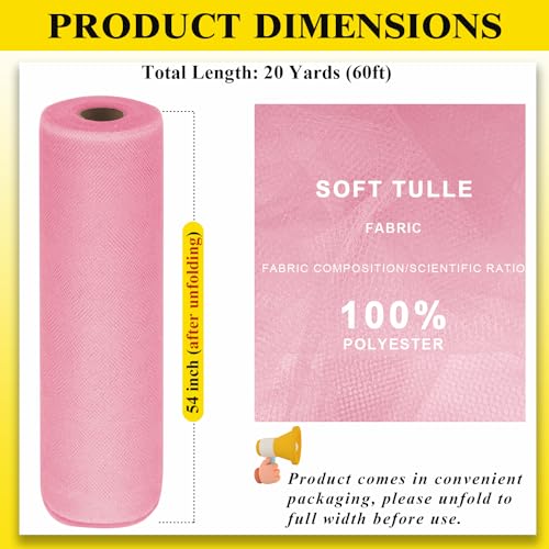 Ableme Deco 54" x 20 Yards Pink Tulle Fabric Rolls - Tutu Spool Bolt for DIY Wedding Decoration, Baby Shower Tutu Skirt, Gift Wrapping - Large Matte Tulle, Roll Packaging - Image 3