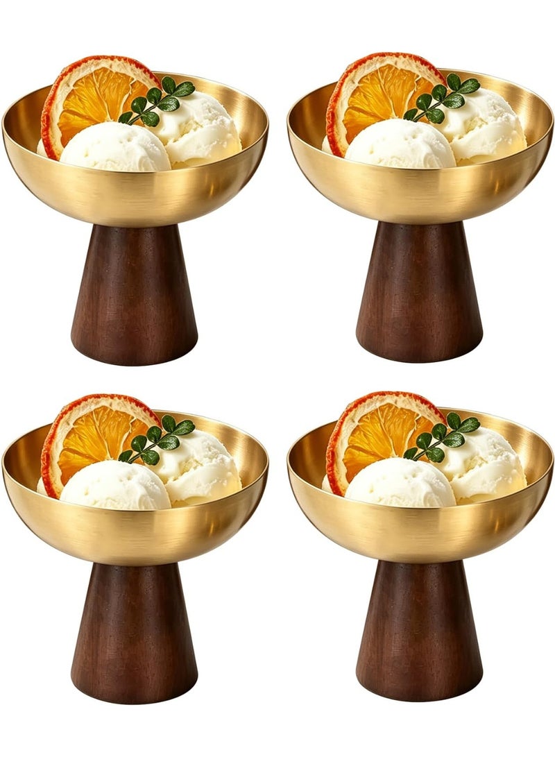 Arabest Ice Cream Bowls Set of 4 - Stainless Steel Footed Dessert Bowls, Elegant Wood Base Ice Cream Cups, Multipurpose Dessert Cups for Sundaes, Trifle & More(Golden) - Image 1