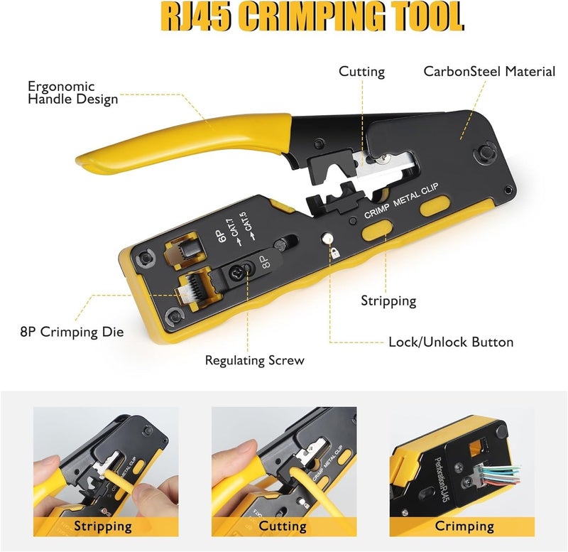 XIKKART Crimping Tool RJ45, Passthrough Kit Cat7 Cat6A Cat6 Cat5E Cat5 RJ45 Ethernet Crimp Tools with 50PCS Cat6 Pass Through Connectors 50PCS Boot Covers 1 Lan Network Tester + Battery - Image 2