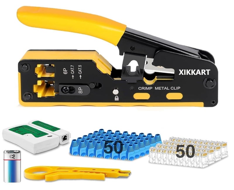 XIKKART Crimping Tool RJ45, Passthrough Kit Cat7 Cat6A Cat6 Cat5E Cat5 RJ45 Ethernet Crimp Tools with 50PCS Cat6 Pass Through Connectors 50PCS Boot Covers 1 Lan Network Tester + Battery - Image 1