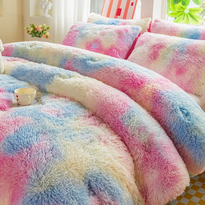 Roscloud Faux Fur Kids Girls Sunshine Rainbow Comforter Sets Twin/Full - 3PC Bed Set Warm Comfortable Soft Plush Flannel Velvet Fluffy Fuzzy Beddingï¼ˆComforter x 1 Pillowcases x 2ï¼‰ - Image 2