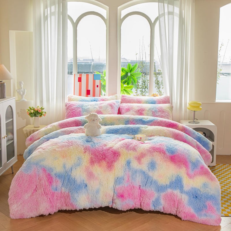 Roscloud Faux Fur Kids Girls Sunshine Rainbow Comforter Sets Twin/Full - 3PC Bed Set Warm Comfortable Soft Plush Flannel Velvet Fluffy Fuzzy Beddingï¼ˆComforter x 1 Pillowcases x 2ï¼‰ - Image 1