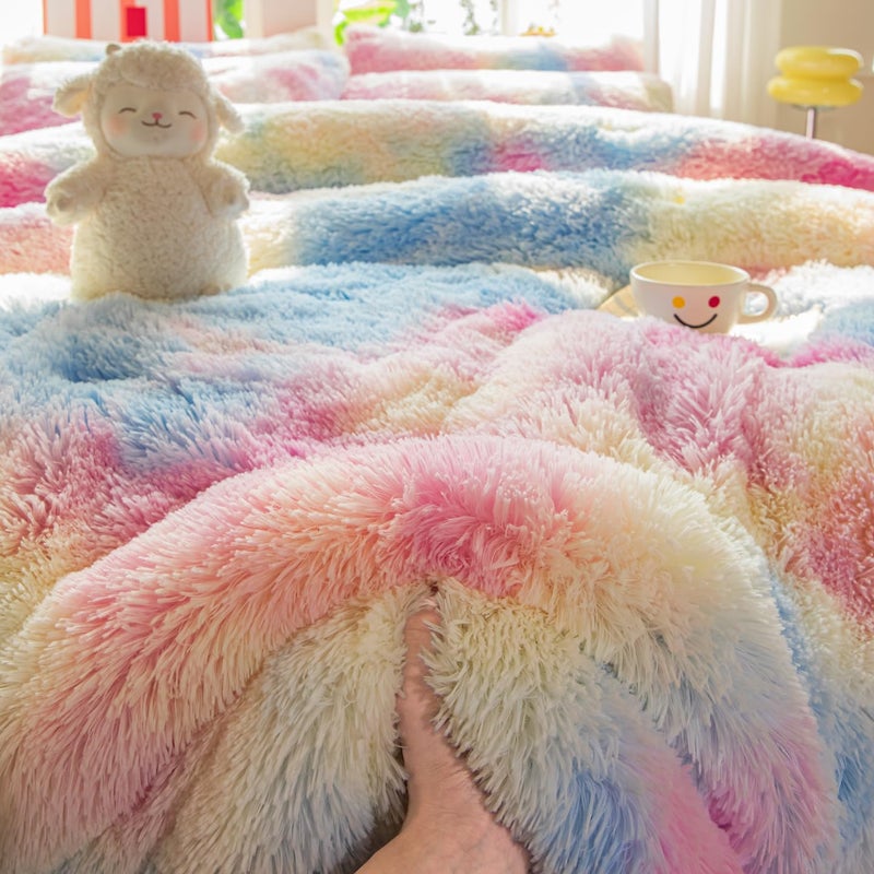 Roscloud Faux Fur Kids Girls Sunshine Rainbow Comforter Sets Twin/Full - 3PC Bed Set Warm Comfortable Soft Plush Flannel Velvet Fluffy Fuzzy Beddingï¼ˆComforter x 1 Pillowcases x 2ï¼‰ - Image 4