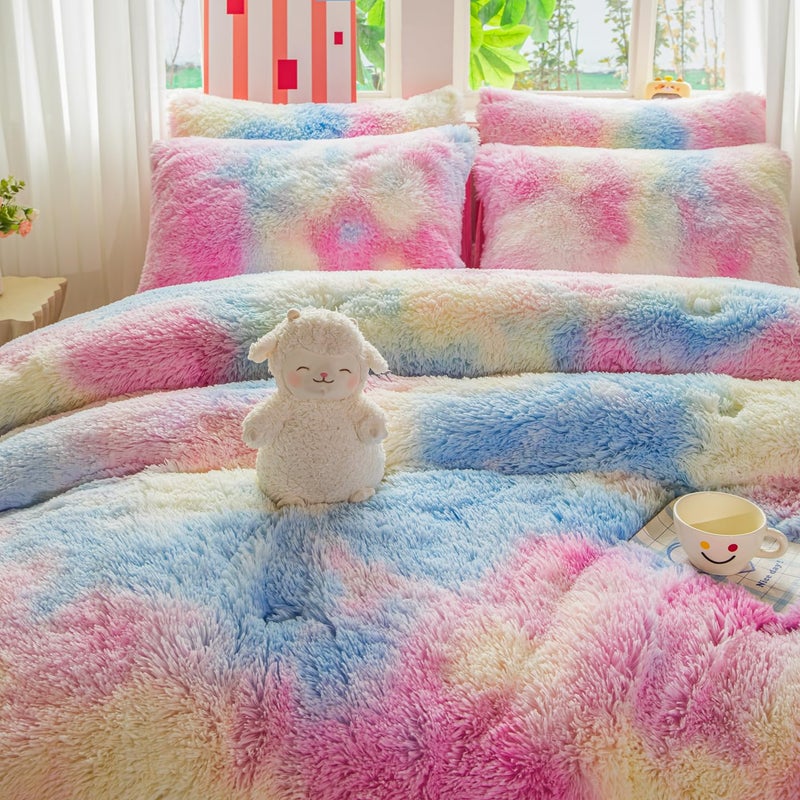 Roscloud Faux Fur Kids Girls Sunshine Rainbow Comforter Sets Twin/Full - 3PC Bed Set Warm Comfortable Soft Plush Flannel Velvet Fluffy Fuzzy Beddingï¼ˆComforter x 1 Pillowcases x 2ï¼‰ - Image 3