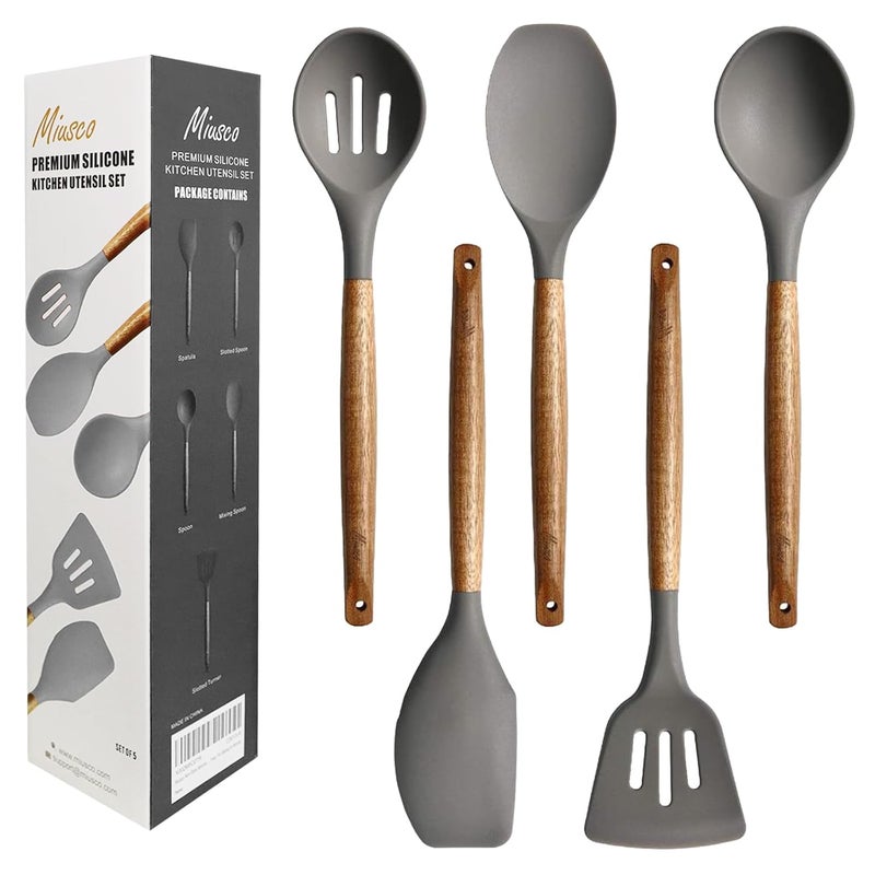Miusco Acacia Wood Miusco 5 Piece Silicone Cooking Utensil Set with Natural Acacia Hard Wood Handle - Image 1
