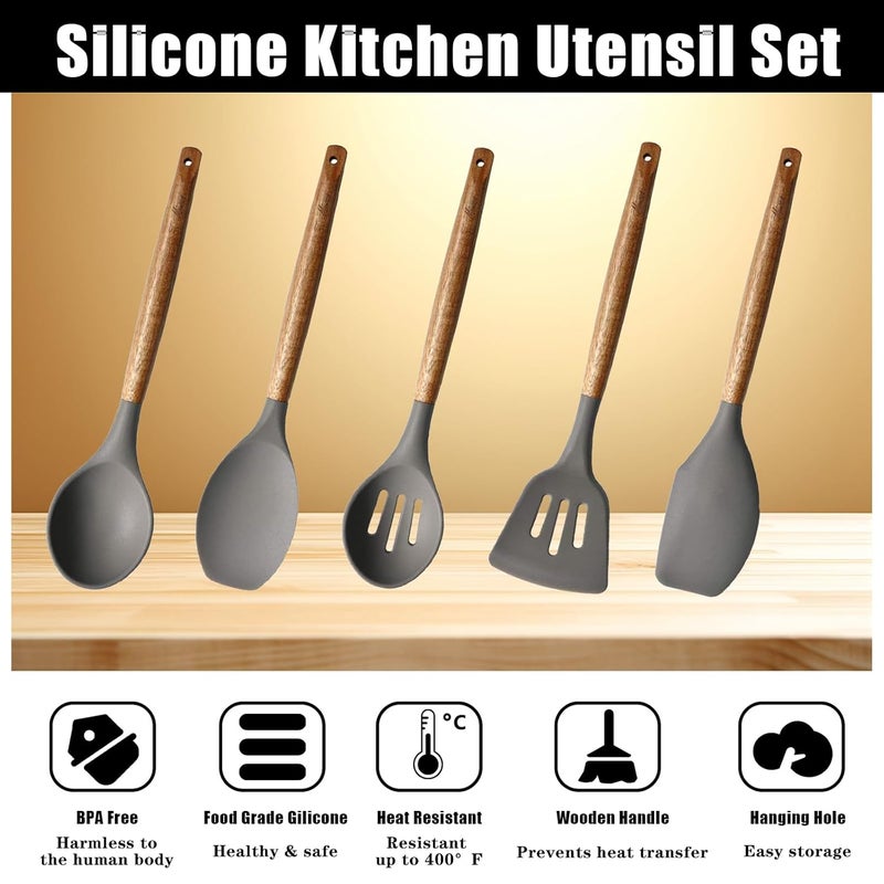 Miusco Acacia Wood Miusco 5 Piece Silicone Cooking Utensil Set with Natural Acacia Hard Wood Handle - Image 3