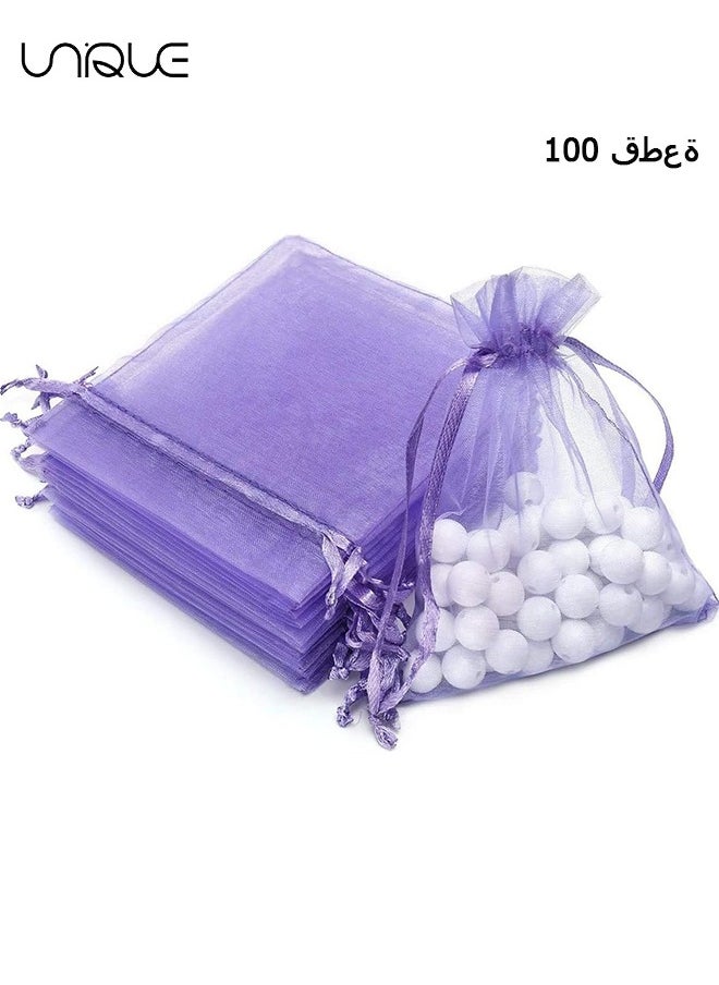 Unique - 100Pcs Package 8 x 10CM Sheer Drawstring Organza Jewelry Pouches Wedding Party Favor Gift Bags, Little Mesh Gift Pouches Mini Candy Bags for Small Presents Jewelry Earrings（Purple） - Image 1
