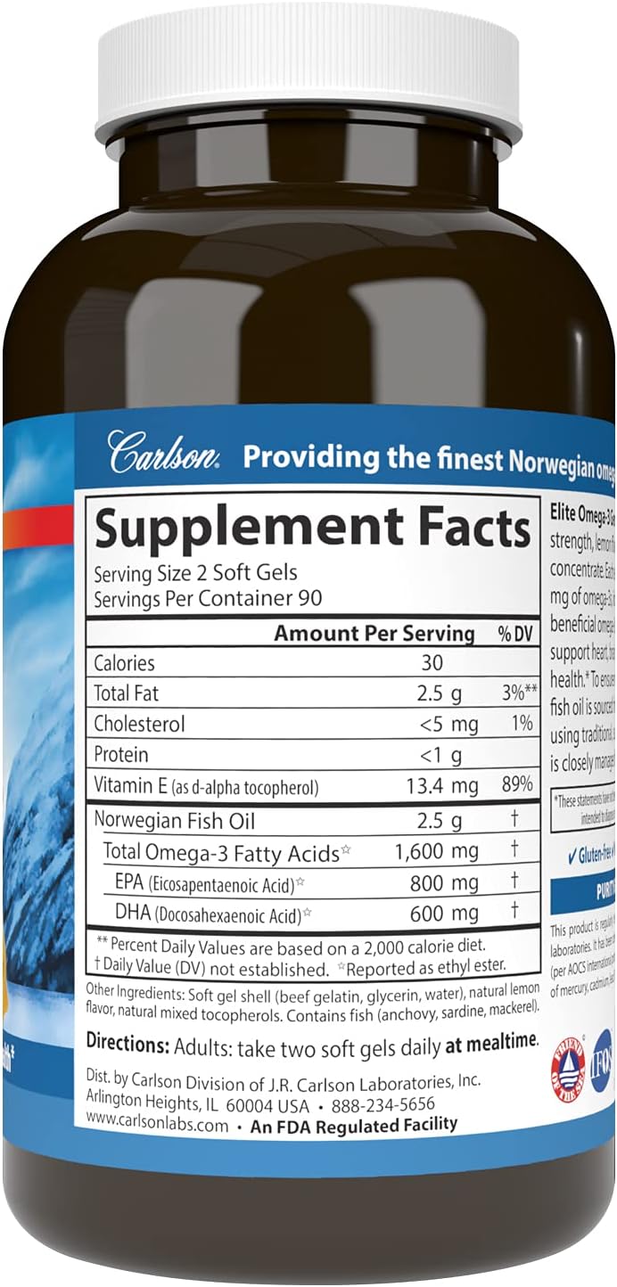Carlson  Elite Omega3 Gems 1600 mg Omega3 Including EPA and DHA Norwegian WildCaught Fish Oil Supplement Sustainably Sourced Lemon 180 Softgels - Image 2