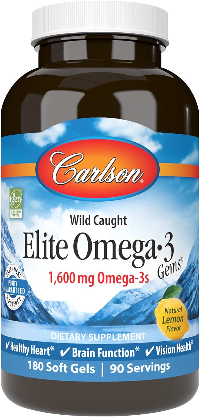 Carlson  Elite Omega3 Gems 1600 mg Omega3 Including EPA and DHA Norwegian WildCaught Fish Oil Supplement Sustainably Sourced Lemon 180 Softgels - Image 1