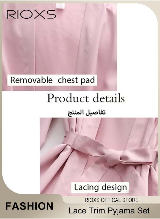 RIOXS Women's 5 Pcs Pajama Sets, Velvet Lace Trim Sleepwear Dress Robe And Pants Sets, Soft Nightgown, Ladies Comfy Soft Loungewear, Womens Pajamas Set For Lounging/ Sleeping/ Daily Wearing  - Image 3