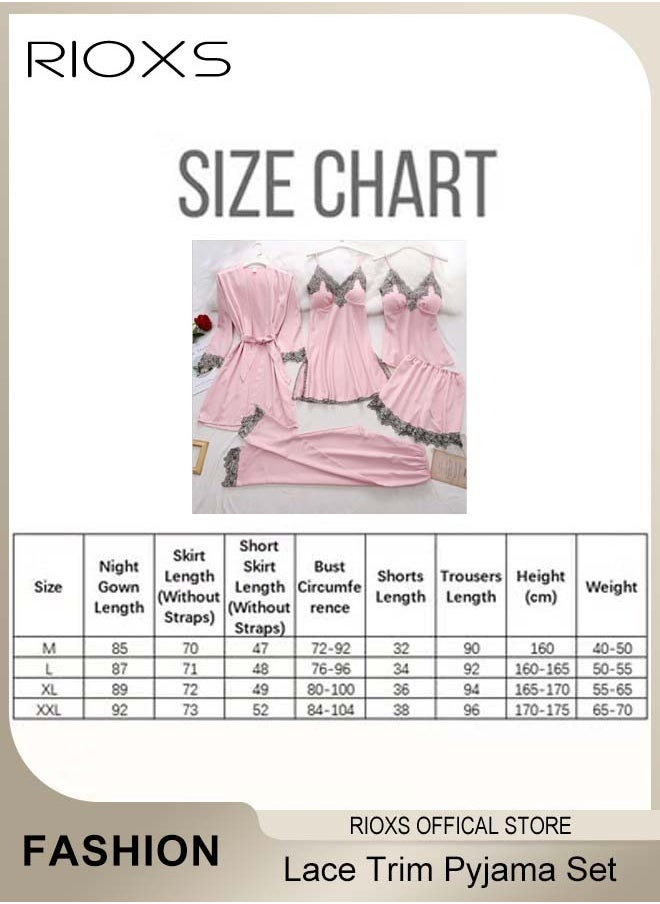 RIOXS Women's 5 Pcs Pajama Sets, Velvet Lace Trim Sleepwear Dress Robe And Pants Sets, Soft Nightgown, Ladies Comfy Soft Loungewear, Womens Pajamas Set For Lounging/ Sleeping/ Daily Wearing  - Image 5