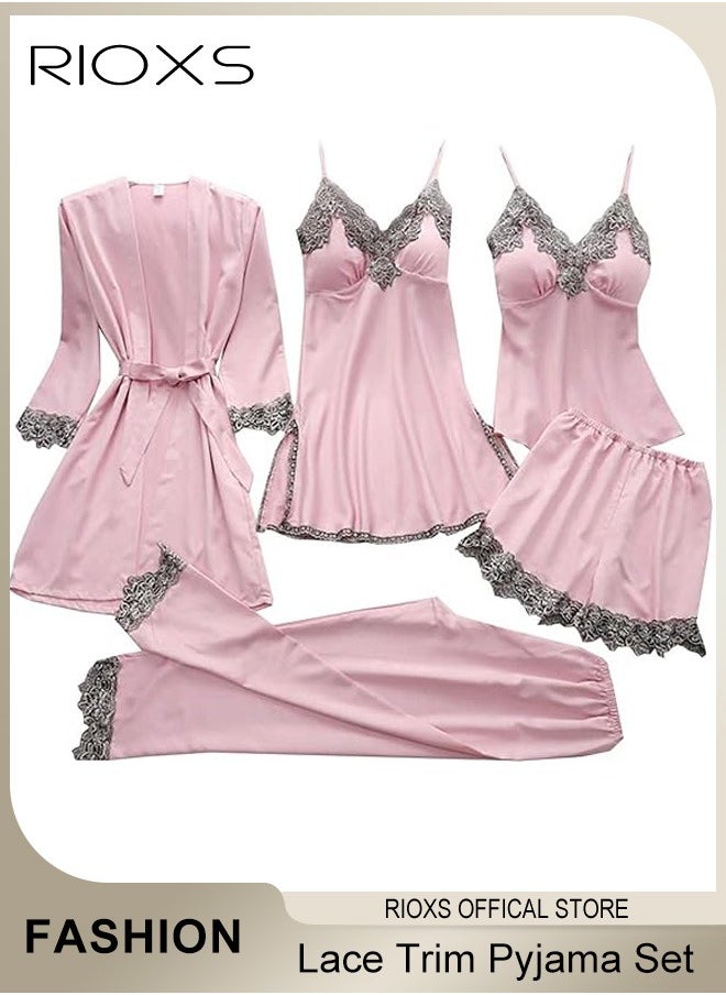 RIOXS Women's 5 Pcs Pajama Sets, Velvet Lace Trim Sleepwear Dress Robe And Pants Sets, Soft Nightgown, Ladies Comfy Soft Loungewear, Womens Pajamas Set For Lounging/ Sleeping/ Daily Wearing  - Image 1