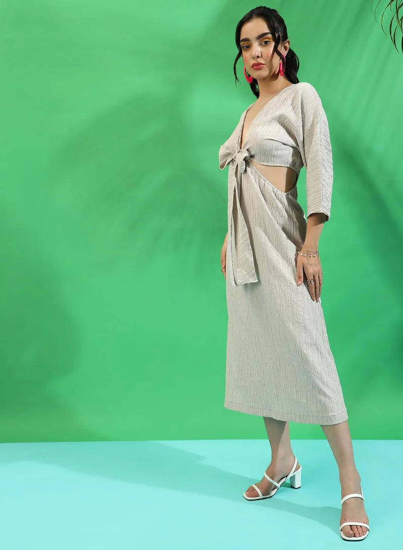 Campus Sutra Campus Sutra Women's Solid Greige Dress With Tie-Up Cutout Detail