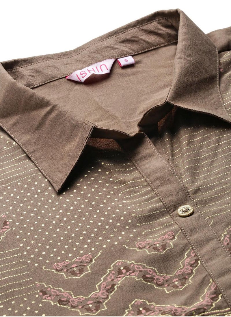 ISHIN Women's Brown Chiffon Embellished Tunic Full Length Casual Straight Fit Kurta Set  - Image 2