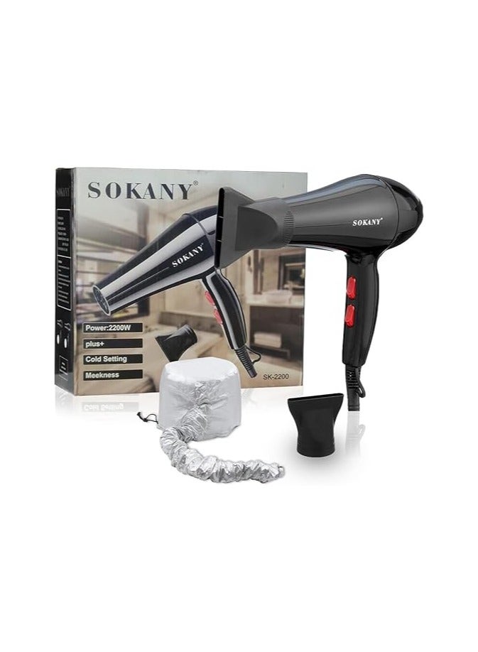 SK-2200 Hair Dryer Professional Blow Dryer Negative Ions 2200W Fast Drying Low Noise Quick Dryer, Nozzle, Diffuser Hair Dryer, 2 Speed & 3 Heat Settings with Bonnet Dryer Attachment (Gift)