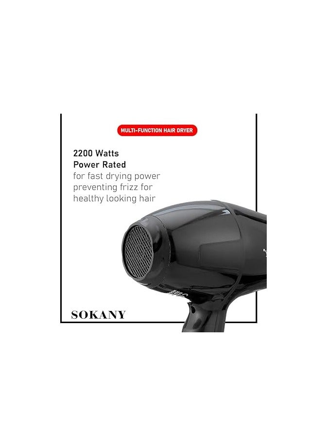 SK-2200 Hair Dryer Professional Blow Dryer Negative Ions 2200W Fast Drying Low Noise Quick Dryer, Nozzle, Diffuser Hair Dryer, 2 Speed & 3 Heat Settings with Bonnet Dryer Attachment (Gift)