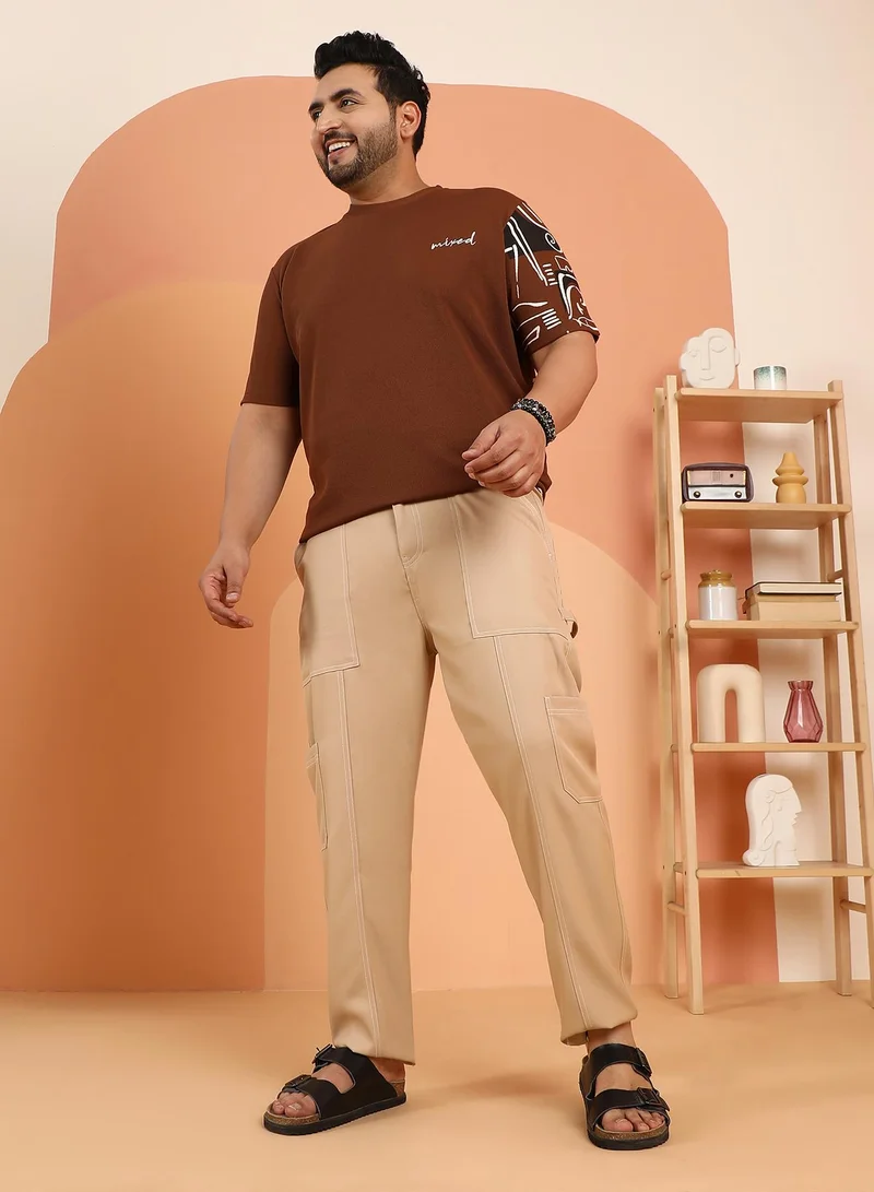Instafab Plus Instafab Plus Men's Khaki Beige Contrast-Stitch Carpenter Utility Trousers For Casual Wear | Mid-Rise | Straight Fit | Button Closure | Plus Size Trousers Crafted With Comfort Fit For Everyday Wear