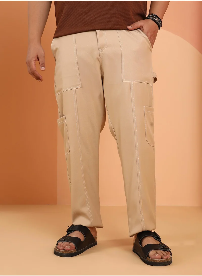انستافاب بلس Instafab Plus Men's Khaki Beige Contrast-Stitch Carpenter Utility Trousers For Casual Wear | Mid-Rise | Straight Fit | Button Closure | Plus Size Trousers Crafted With Comfort Fit For Everyday Wear