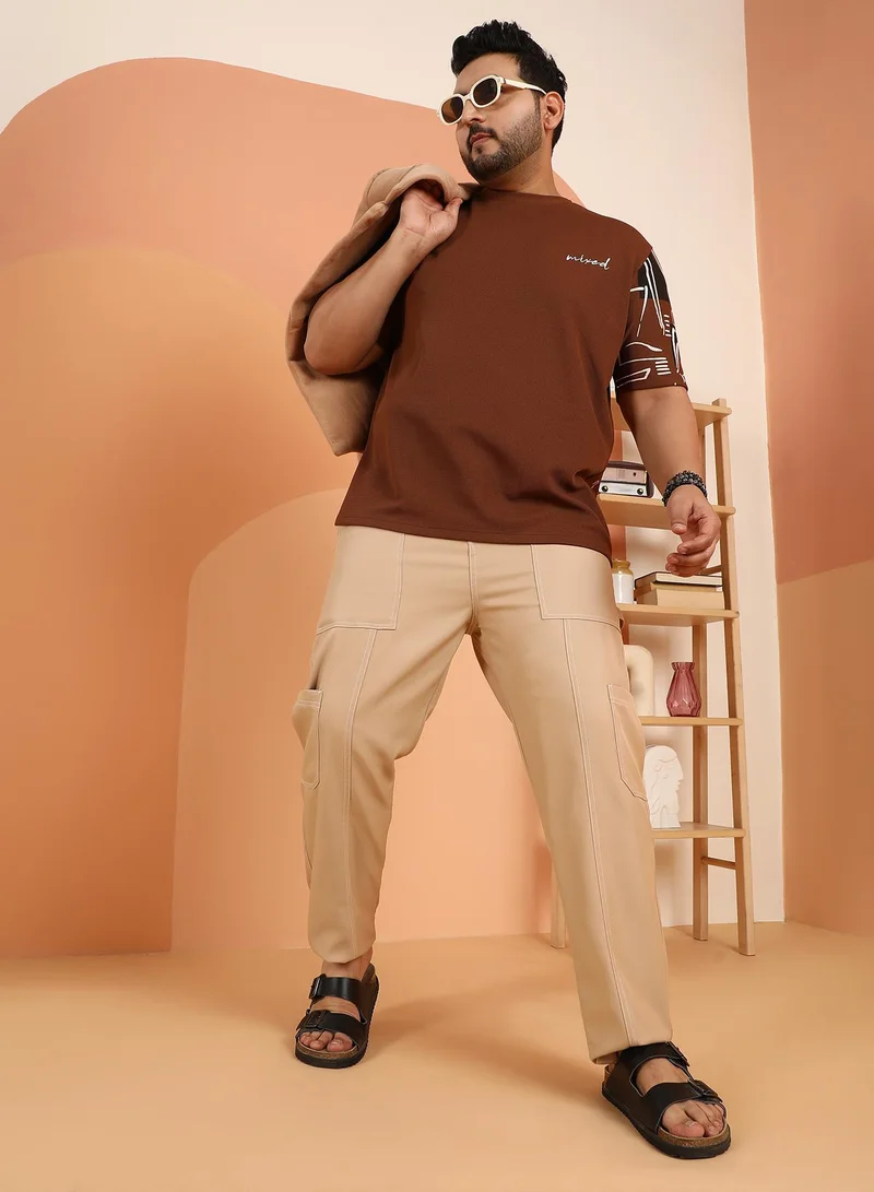 Instafab Plus Instafab Plus Men's Khaki Beige Contrast-Stitch Carpenter Utility Trousers For Casual Wear | Mid-Rise | Straight Fit | Button Closure | Plus Size Trousers Crafted With Comfort Fit For Everyday Wear