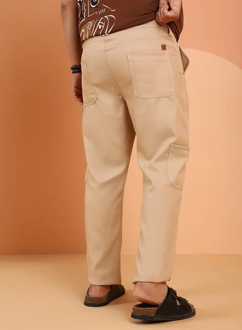 Instafab Plus Instafab Plus Men's Khaki Beige Contrast-Stitch Carpenter Utility Trousers For Casual Wear | Mid-Rise | Straight Fit | Button Closure | Plus Size Trousers Crafted With Comfort Fit For Everyday Wear