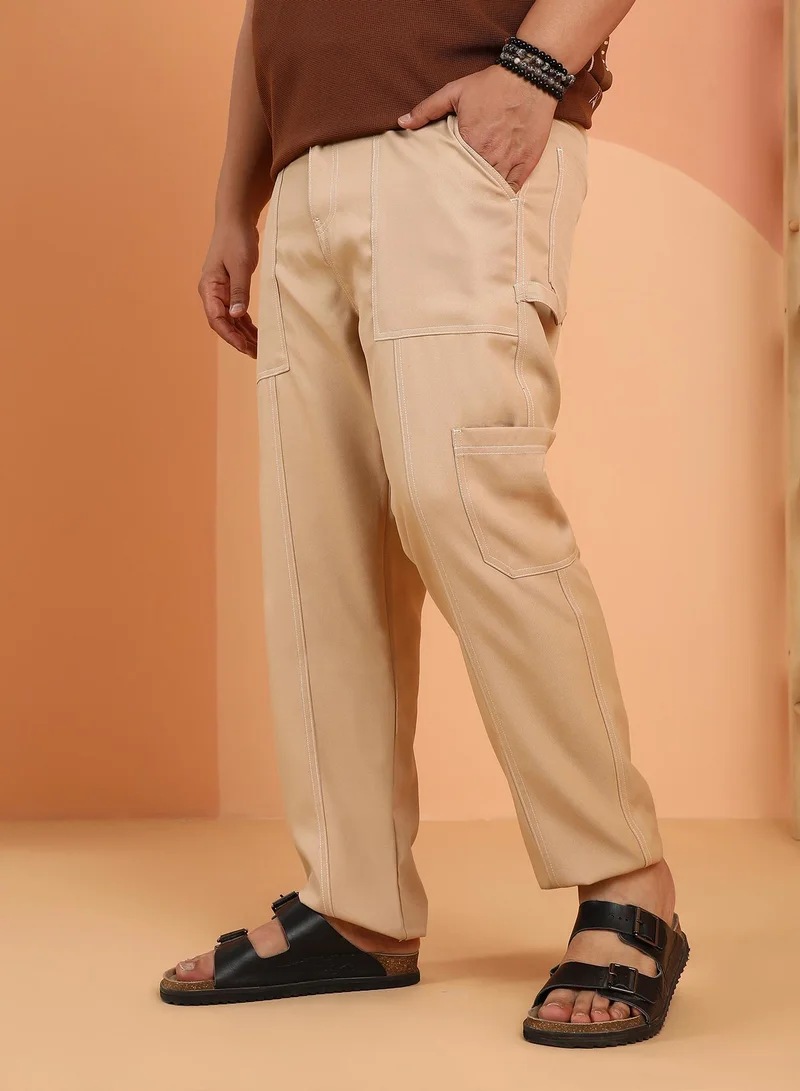 Instafab Plus Instafab Plus Men's Khaki Beige Contrast-Stitch Carpenter Utility Trousers For Casual Wear | Mid-Rise | Straight Fit | Button Closure | Plus Size Trousers Crafted With Comfort Fit For Everyday Wear