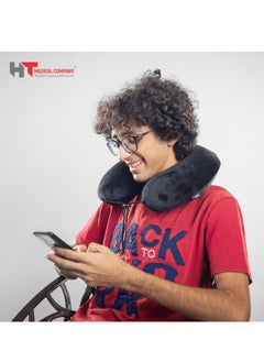 HT Classic travel neck to support the head on long trips, made of German memory foam with a luxurious velvet cover, black color  - Image 5