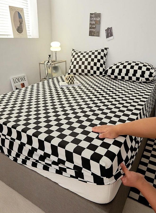 KAREVER Black Grid Bed Sheet Set Black White Plaid 4 Pieces Bedding Sheet Set 1 Fitted Sheet 1 Flat Sheet with 2 Pillowcases Black Chceckered Queen Size - Image 3