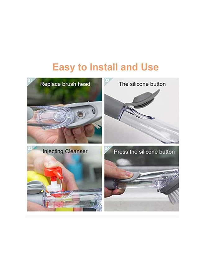promass Dish Brush with Soap Dispenser, Dish Wand with 4 Replaceable Brush Heads Long Handle Kitchen Brushes for Dishes, 2 in 1 Dish Scrubber with Soap Dispenser for Kitchen Pans Pots Sink (Gray) - Image 5