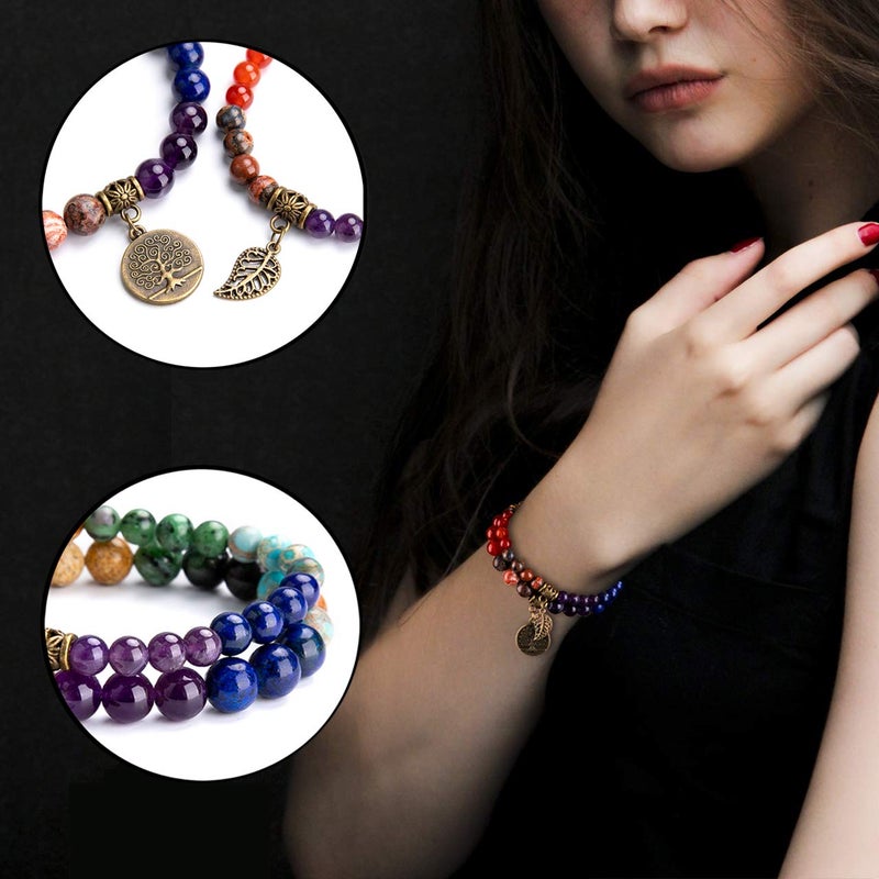 Bivei Beaded Bracelets Tree of Life and Leaf Charm Yoga Meditatoin Healing Crystal Chakras Bracelets Natural Semi Precious Gemstone Beads Stretch Bracelet for Women Anxiety Energy Relief(7 Chakra) - Image 5