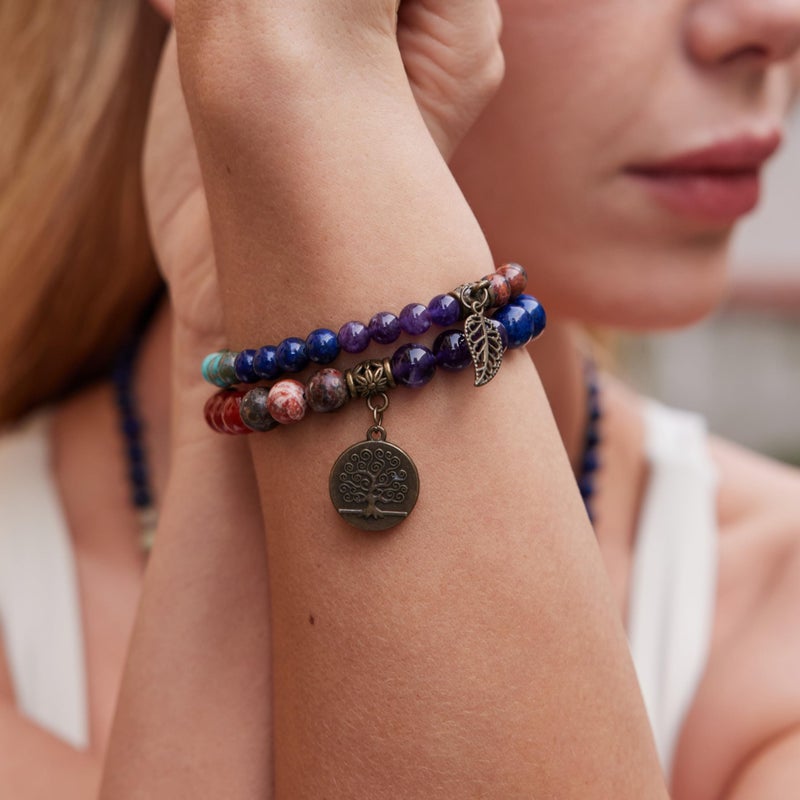 Bivei Beaded Bracelets Tree of Life and Leaf Charm Yoga Meditatoin Healing Crystal Chakras Bracelets Natural Semi Precious Gemstone Beads Stretch Bracelet for Women Anxiety Energy Relief(7 Chakra) - Image 2