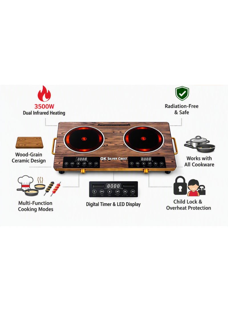 Silver Crest Electric Double Burner Hot Plate 3500W, Infrared Ceramic Cooker with LED Digital Display, Intelligent Touch Control, Multi-Cooking Modes, Dual Heating Plates, Overheat Protection, Countertop Electric Stove - Image 3