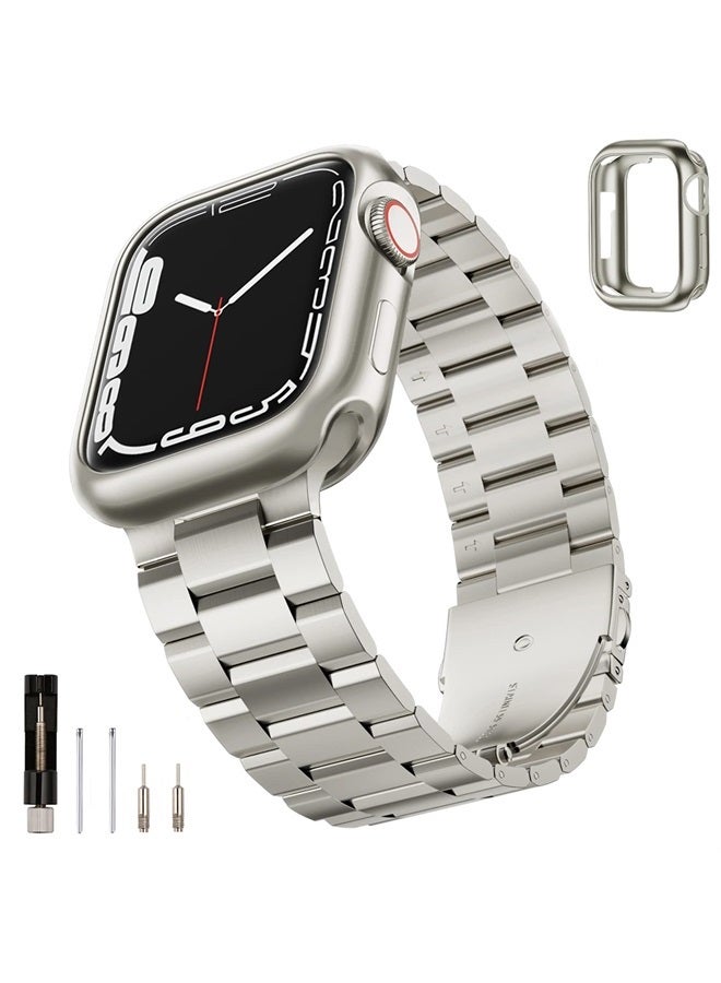 SUNFWR Compatible with Apple Watch Band 45mm 44mm 42mm for Men Women, Stainless Steel Metal iWatch Band with Case for Apple Watch Series 8/7/6/5/4/3/2/1/SE/SE2 (Starlight, 42mm/44mm/45mm) - Image 1