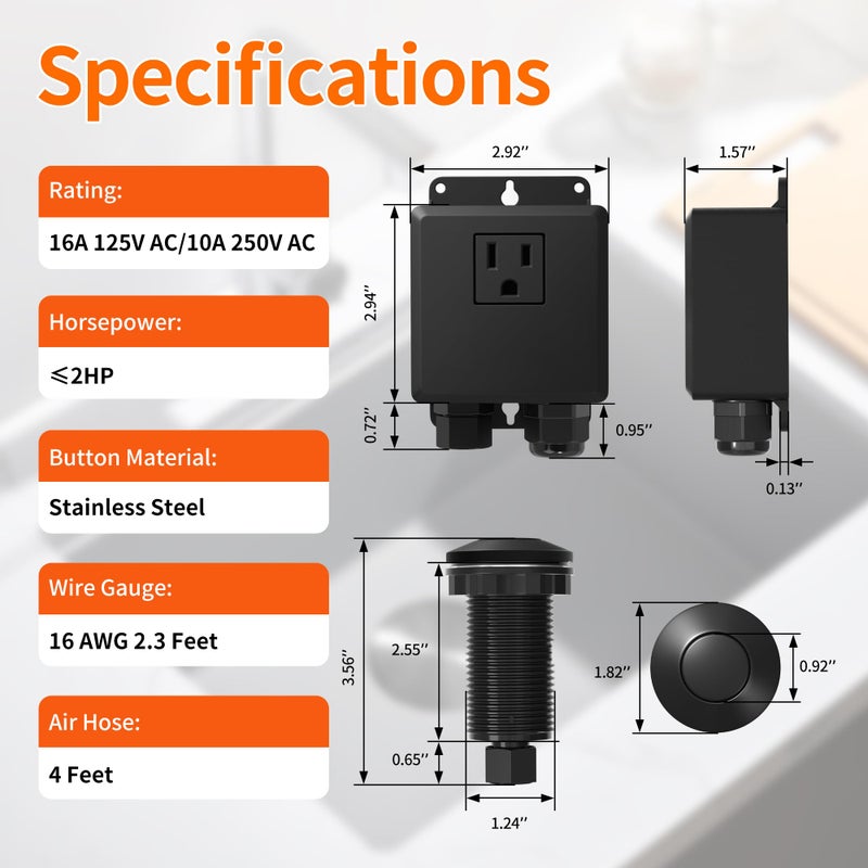 Joinfworld Garbage Disposal Air Switch Kit Waterproof Garbage Disposal Button Kit with Long Garbage Disposal Switch Matte Black - UL Listed - Image 2