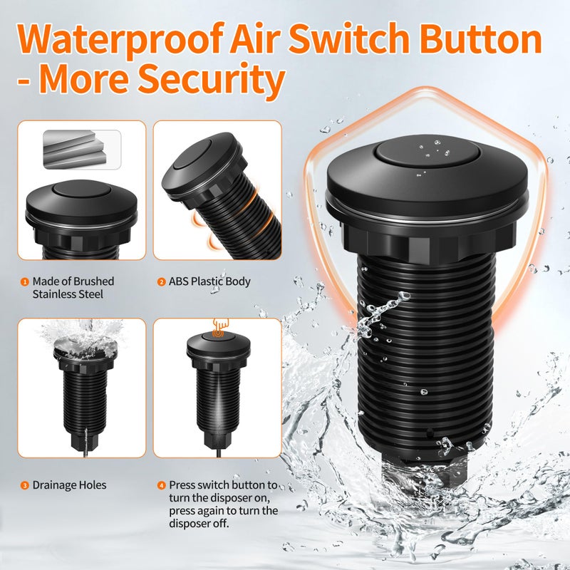 Joinfworld Garbage Disposal Air Switch Kit Waterproof Garbage Disposal Button Kit with Long Garbage Disposal Switch Matte Black - UL Listed - Image 4