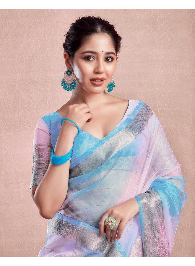 SIRIL SIRIL Women's Organza Jacquard Woven Zari Stripe Saree With Unstitched Blouse Piece (3644S429_Light Blue)  - Image 5