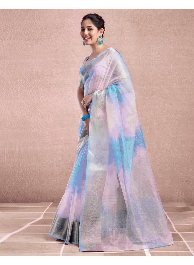 SIRIL SIRIL Women's Organza Jacquard Woven Zari Stripe Saree With Unstitched Blouse Piece (3644S429_Light Blue)  - Image 2
