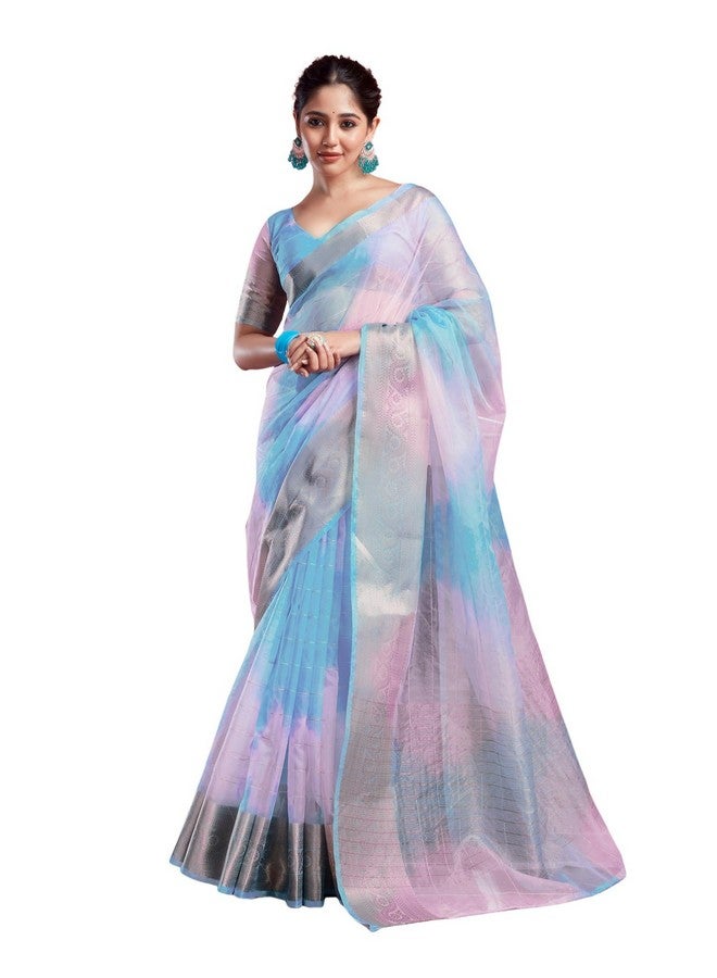 SIRIL SIRIL Women's Organza Jacquard Woven Zari Stripe Saree With Unstitched Blouse Piece (3644S429_Light Blue)  - Image 1
