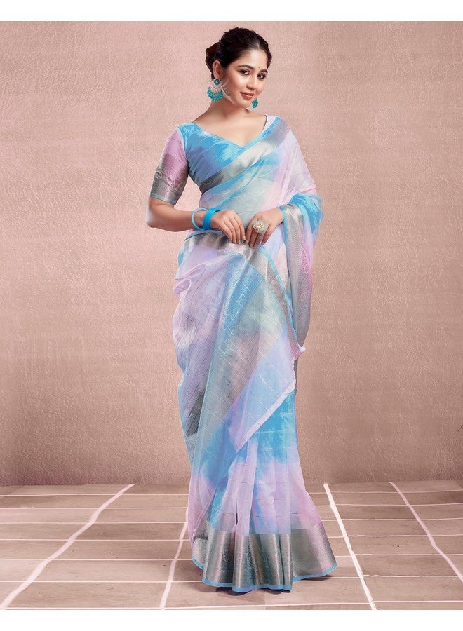 SIRIL SIRIL Women's Organza Jacquard Woven Zari Stripe Saree With Unstitched Blouse Piece (3644S429_Light Blue)  - Image 3