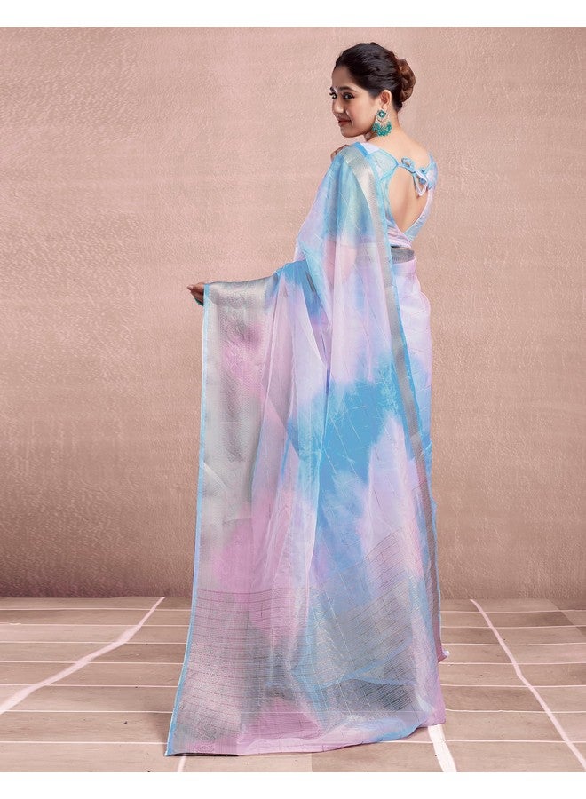 SIRIL SIRIL Women's Organza Jacquard Woven Zari Stripe Saree With Unstitched Blouse Piece (3644S429_Light Blue)  - Image 4