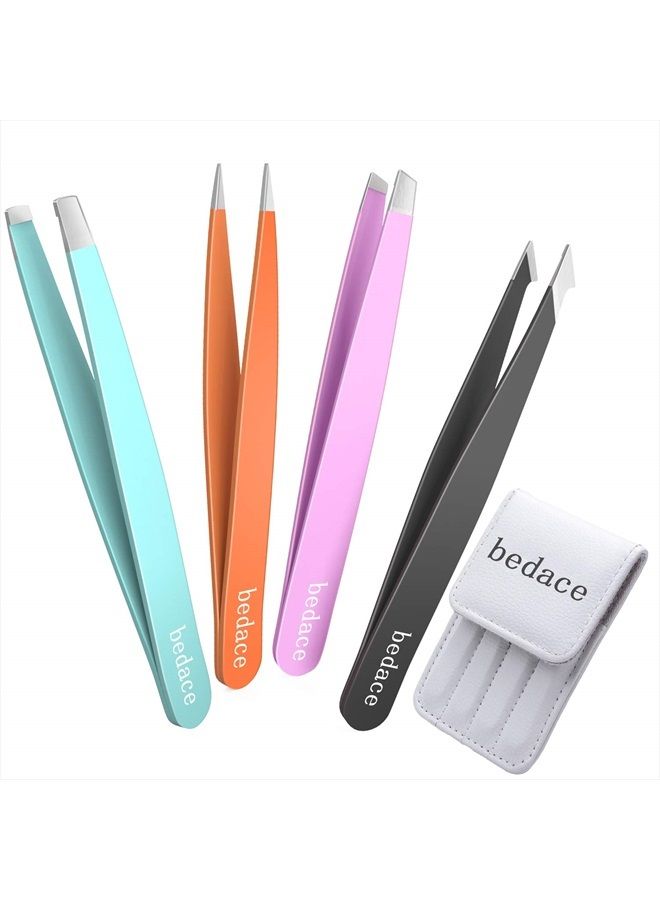bedace Tweezers For Women Facial Hair,bedace 4 Pack Precision Tweezers For Eyebrows,Professional Slant Tip Tweezer Set For Ingrown Hair, Plucking Daily Beauty Tool with Leather Travel Case for Gifts - Image 1