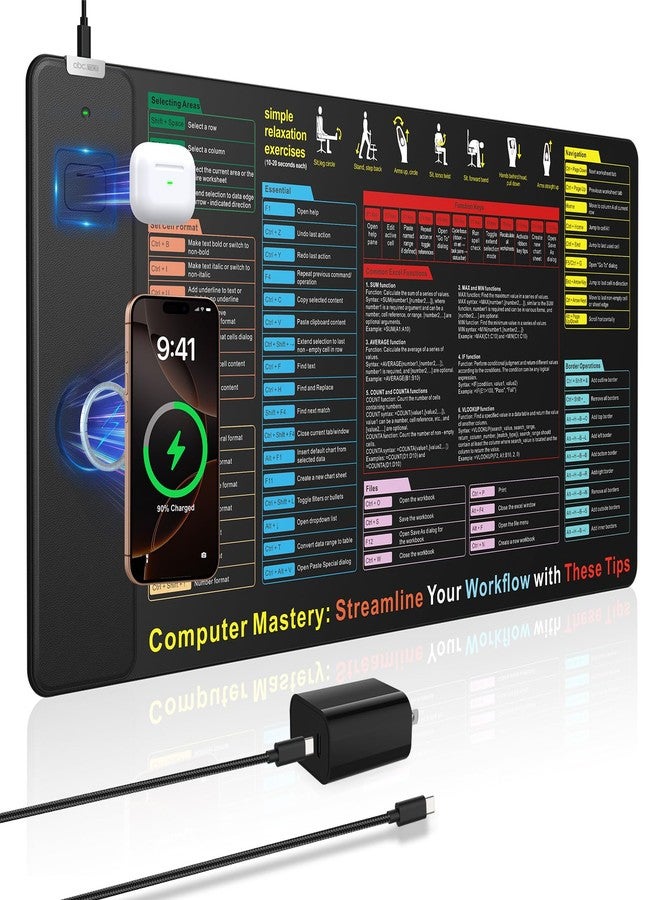 abc.mat Excel Cheat Sheet Mouse Pad with Wireless Charging, 31.5"x15.8" Extended Excel Shortcuts Desk Pad, Waterproof Ultra-Smooth Keyboard Mat, Non-Slip Base, with 20W PD Adapter - Image 1