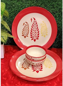 Caffeine Ceramic Handmade red boota Combo Dinner Set (Set of 4)
