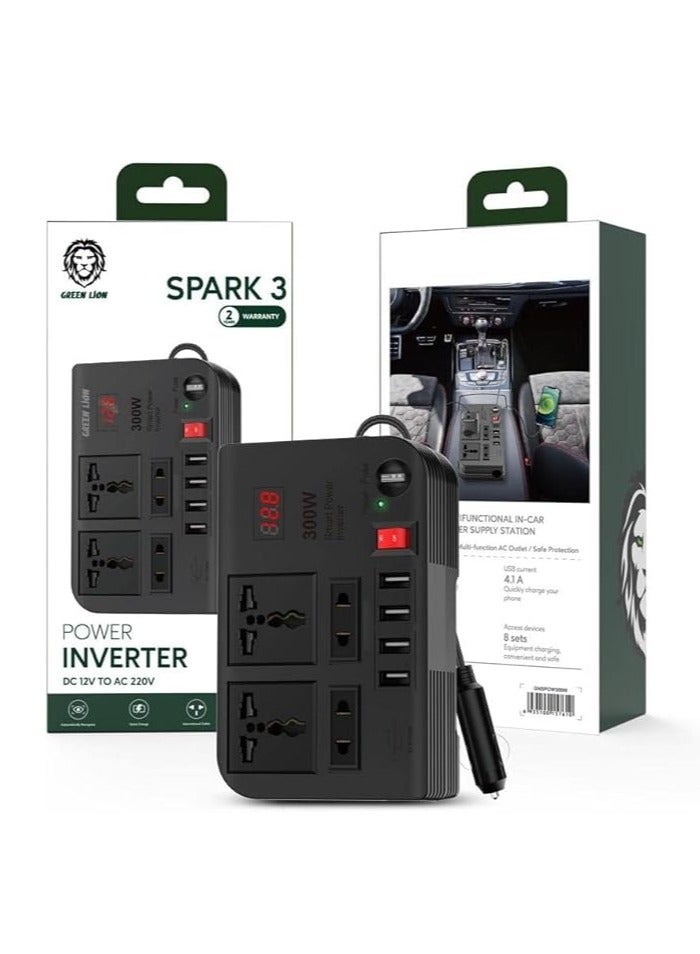 GREEN LION Spark 3 Power Inverter Quick Charge  Outlets  2 USB-A 2 / 2 USB-A 3 / 3 USB-C (PD) / 300W Max Power / Short Circuit Protection / Safe and Reliable / Overheat Protection / Multiple Function / Low Voltage Protection / High Voltage Protection / Surge Protection - Black  - Image 2