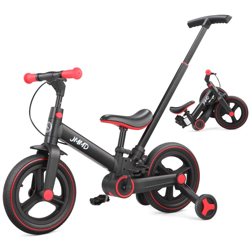 JMMD 6 in 1 Toddler Bike with Push Handle for Kids 18-60 Months, 12" Foldable Balance Bike with Training Wheels, Pedals, Brakes, Kickstand, Push Tricycle Toddler Gift & Toys for Boy & Girl - Image 1