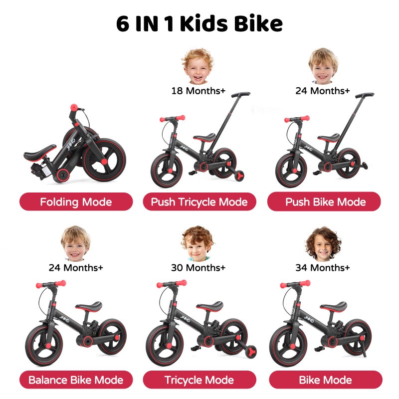 JMMD 6 in 1 Toddler Bike with Push Handle for Kids 18-60 Months, 12" Foldable Balance Bike with Training Wheels, Pedals, Brakes, Kickstand, Push Tricycle Toddler Gift & Toys for Boy & Girl - Image 2