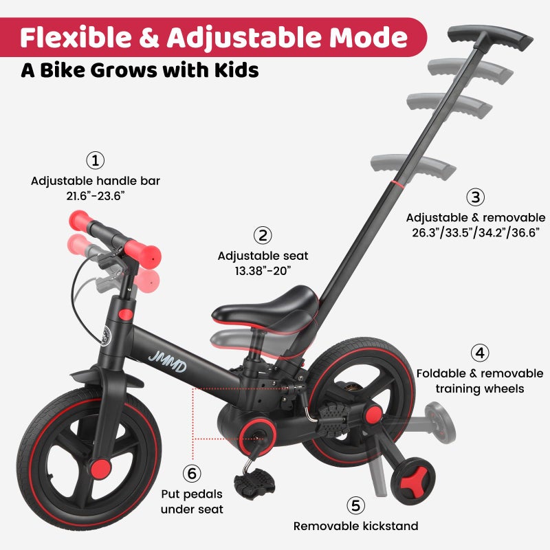 JMMD 6 in 1 Toddler Bike with Push Handle for Kids 18-60 Months, 12" Foldable Balance Bike with Training Wheels, Pedals, Brakes, Kickstand, Push Tricycle Toddler Gift & Toys for Boy & Girl - Image 4
